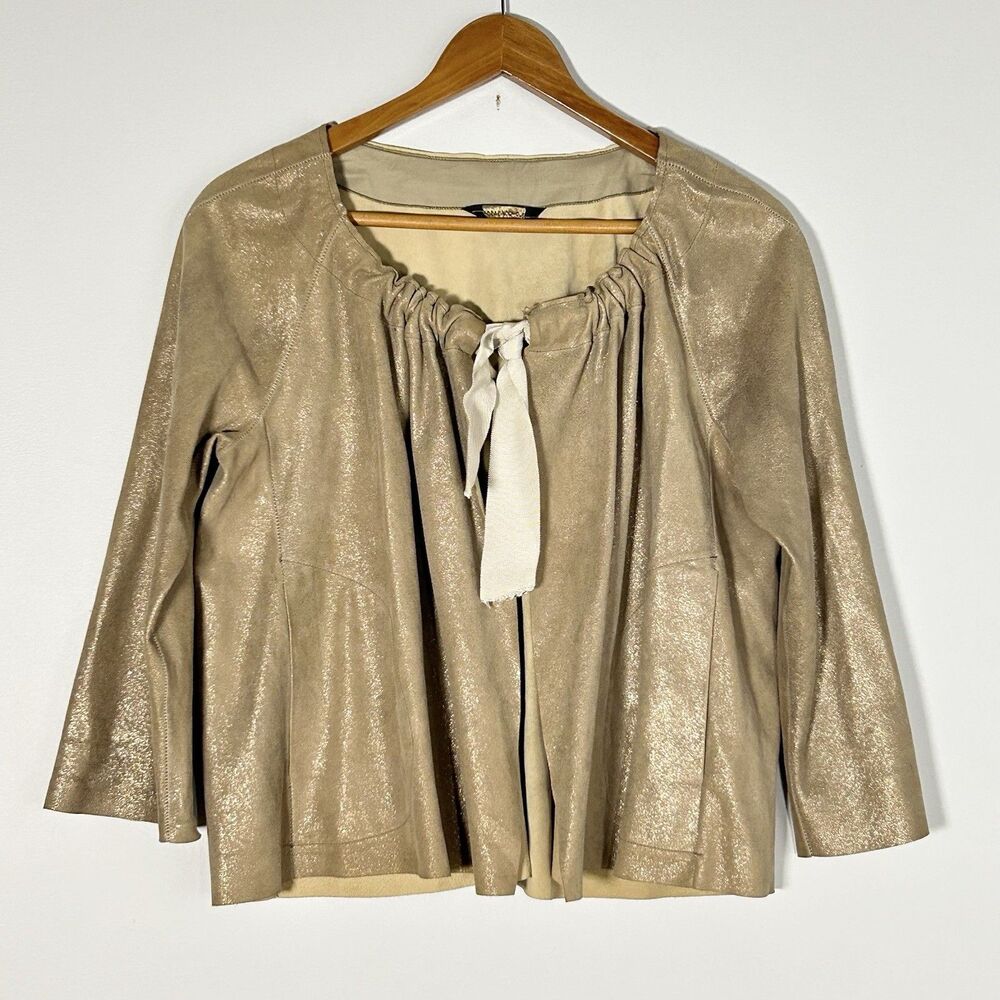 Rozae Nichols Gold Metallic Leather Jacket Silk Tie Front Cropped Swing M
